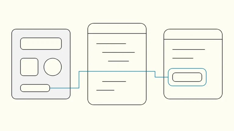 Design canvas with interface components connected by one continuous line to a code editor window and a browser