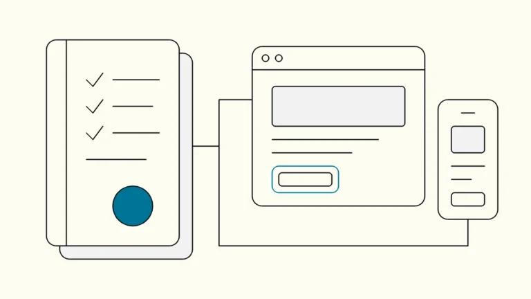 Tender document with a checklist and seal, linked by a thin line to a browser window and a phone app
