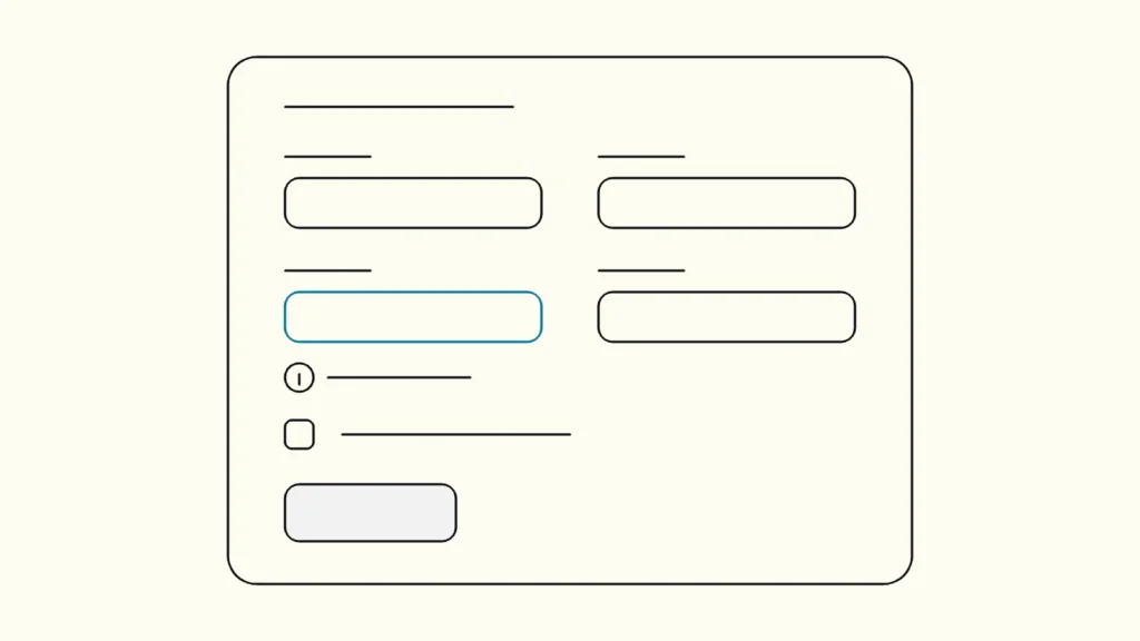 Form card with labelled fields and a checkbox, one field outlined in blue with a short message line beneath it