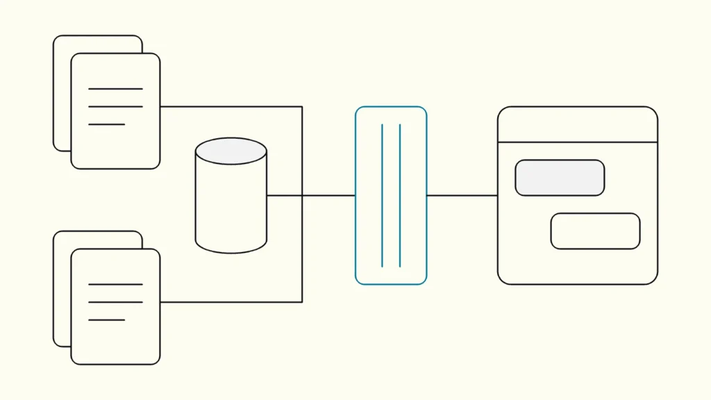 Line drawing of document stacks and a database passing through a checkpoint gate towards a chat window, gate in blue