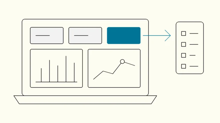 A laptop dashboard with bar and line charts and one blue highlighted tile with an arrow leading to a task list