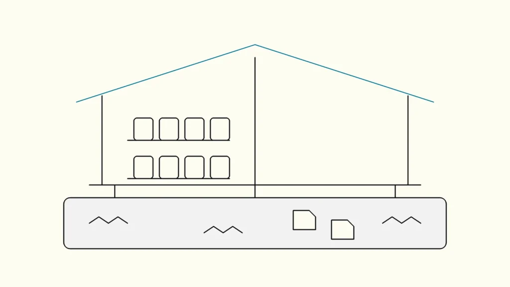 Line drawing of a building with neat shelves on one side and a calm body of water beneath it, the roofline in blue
