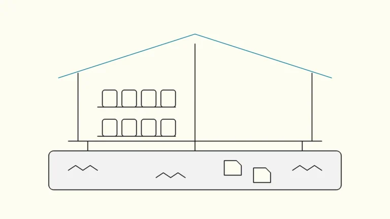 Line drawing of a building with neat shelves on one side and a calm body of water beneath it, the roofline in blue