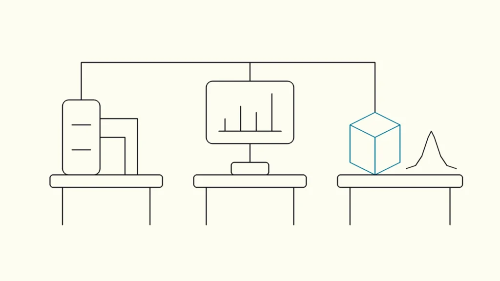 Line drawing of three desks in a row, with pipes, a dashboard and a model, linked by data lines, the model in blue