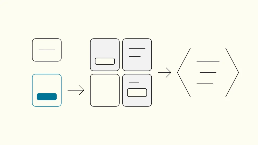 Modular interface tiles snapping into a grid that turns into code brackets, with one tile highlighted.