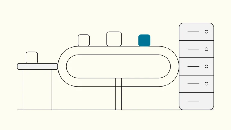 Isometric conveyor loop carrying small boxes from a workbench to a server rack, one box highlighted in blue