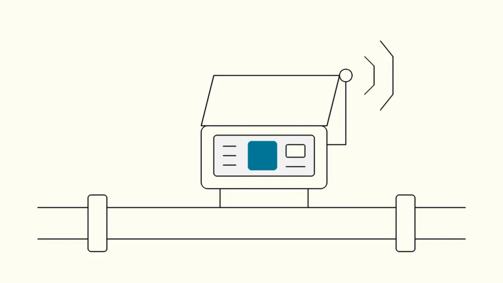 Line drawing of a small sensor box with its lid lifted, showing a circuit board and a chip in blue