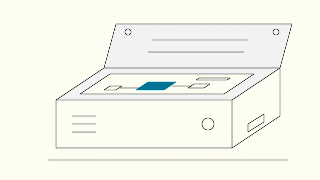 Isometric outline of an industrial device with its cover lifted, revealing a circuit board with one chip highlighted in blue
