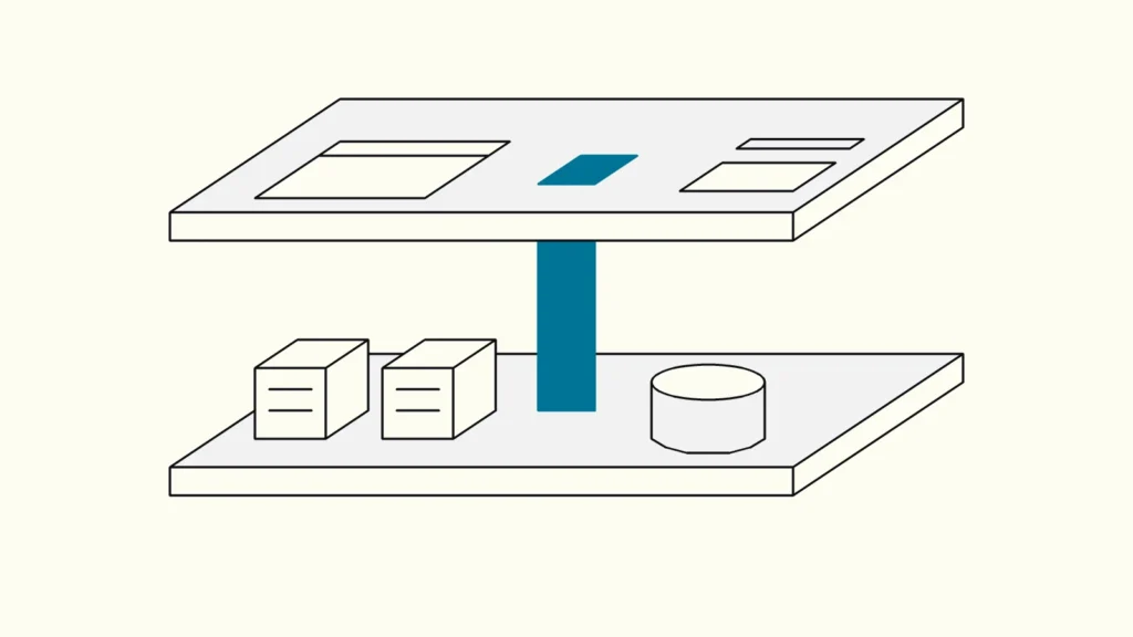 Isometric screen layer above a server layer, joined by a single connecting column highlighted in blue