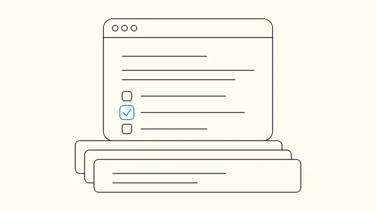 Web page with structured text blocks resting on a stack of test reports, one checkbox outlined in blue