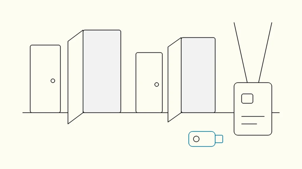 Line drawing of a single key card opening a row of doors, with a small security key beside it in blue