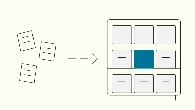 Loose pages on the left sorted into a tidy shelf of labelled boxes on the right, one box highlighted in blue