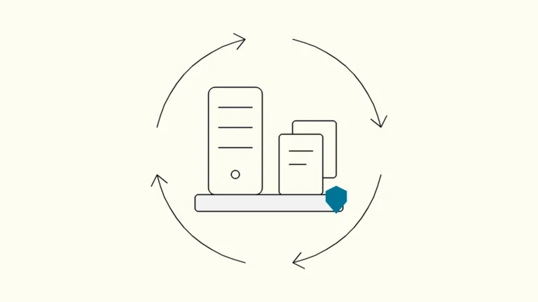 Server cabinet and document stack inside a protective ring of four linked arrows forming a continuous cycle