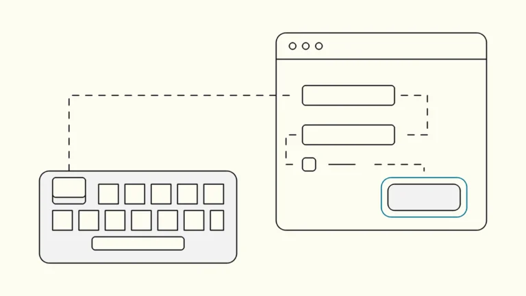 Keyboard with the Tab key raised, linked by a dotted path to an interface where one button has a blue focus outline