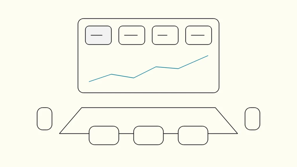 Line drawing of a meeting table with a large screen showing four KPI cards and one trend line highlighted in blue