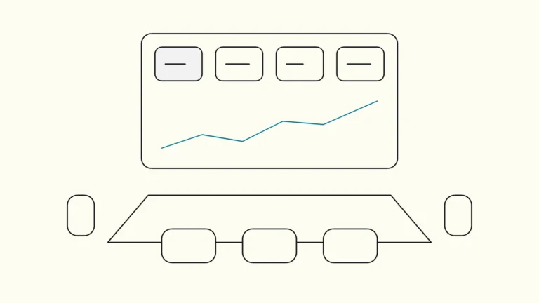 Line drawing of a meeting table with a large screen showing four KPI cards and one trend line highlighted in blue