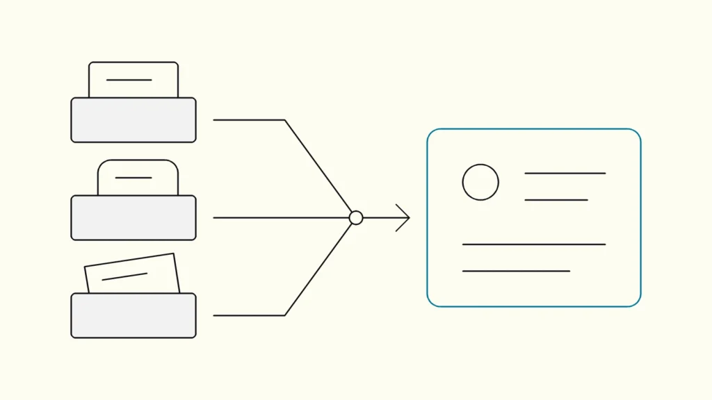 Line drawing of three slightly different record cards converging into one card highlighted in blue