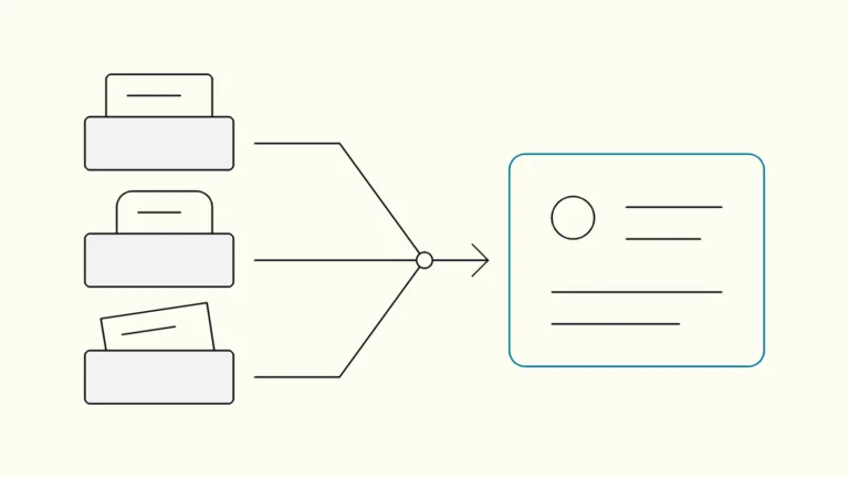 Line drawing of three slightly different record cards converging into one card highlighted in blue