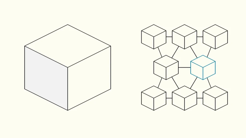 One large isometric block beside a cluster of small connected blocks, one small block highlighted in blue