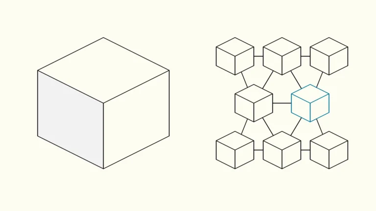One large isometric block beside a cluster of small connected blocks, one small block highlighted in blue
