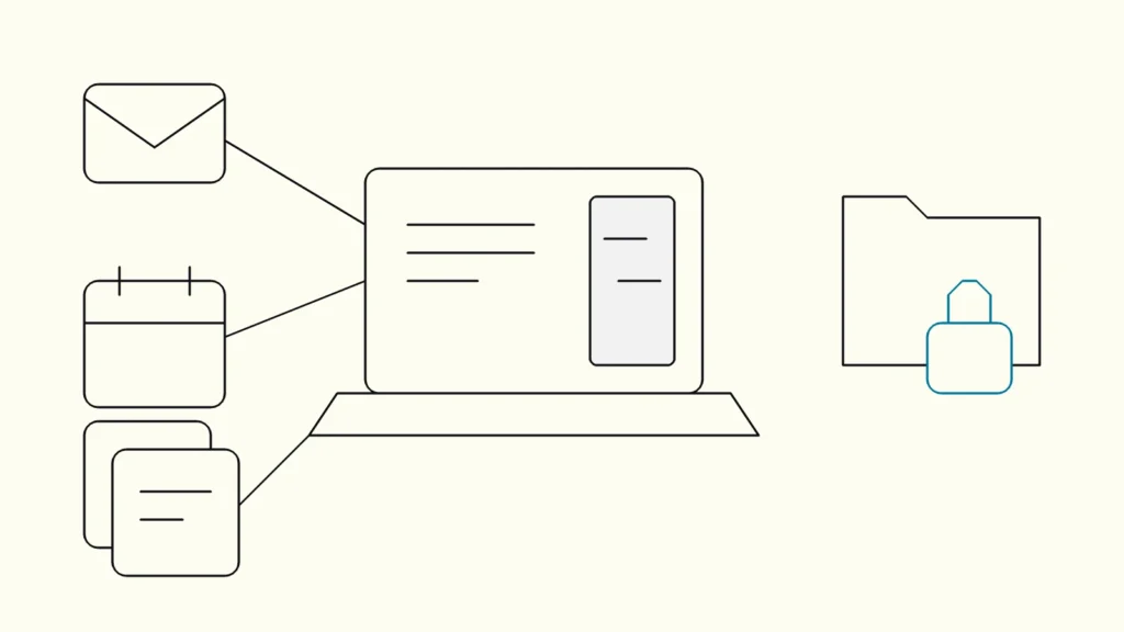 Line drawing of a chat panel linked to mail, calendar and document icons, with one locked folder outside its reach