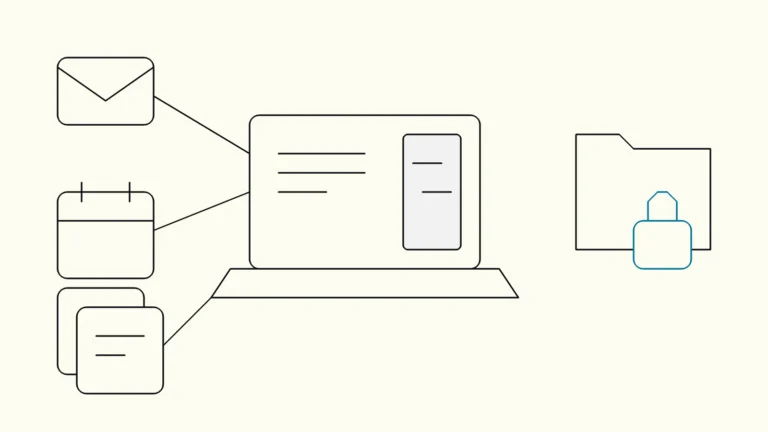 Line drawing of a chat panel linked to mail, calendar and document icons, with one locked folder outside its reach