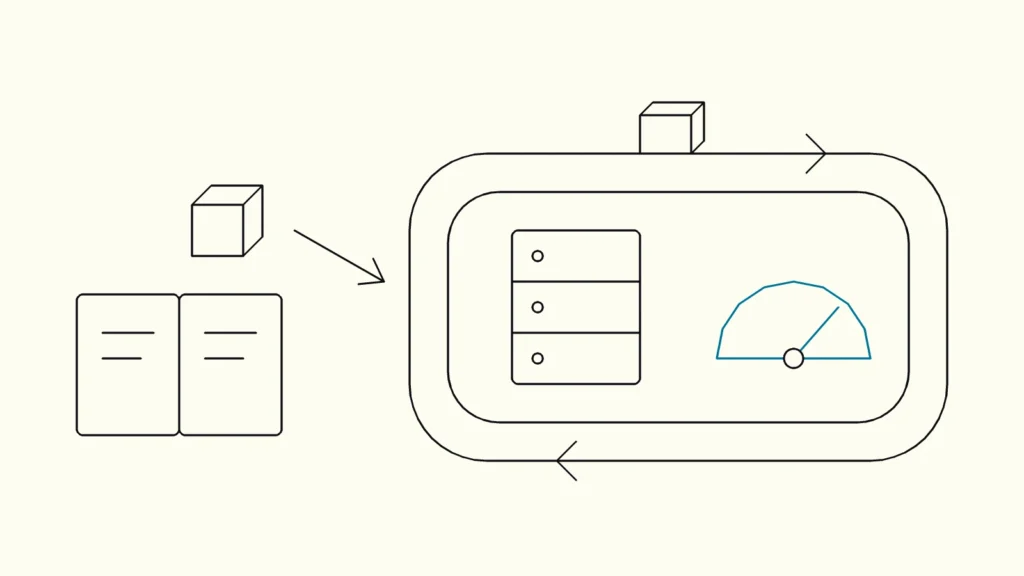 Line drawing of a cube-shaped model leaving a notebook and entering a looping conveyor with a monitoring gauge in blue