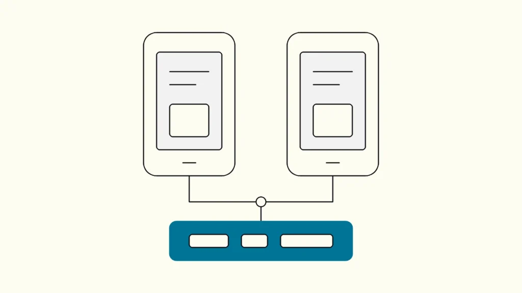 Two smartphone outlines fed by one shared block of code, with the shared block highlighted in blue