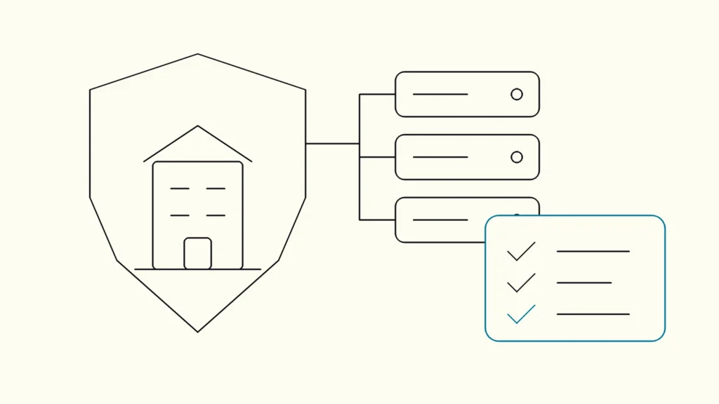 Line drawing of a company building inside a shield outline, linked to server cubes, with an checklist card