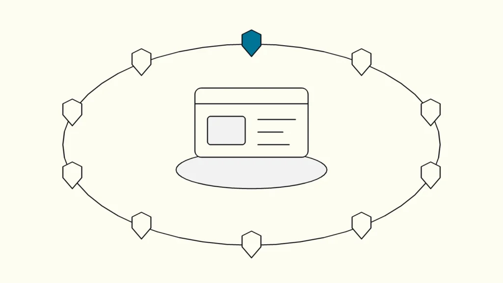 Web application window on a platform ringed by ten small shield tiles, the first tile highlighted in blue