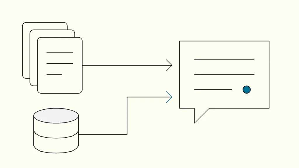 Line illustration of a document stack and a database cube sending arrows into a speech bubble, one arrow tip .