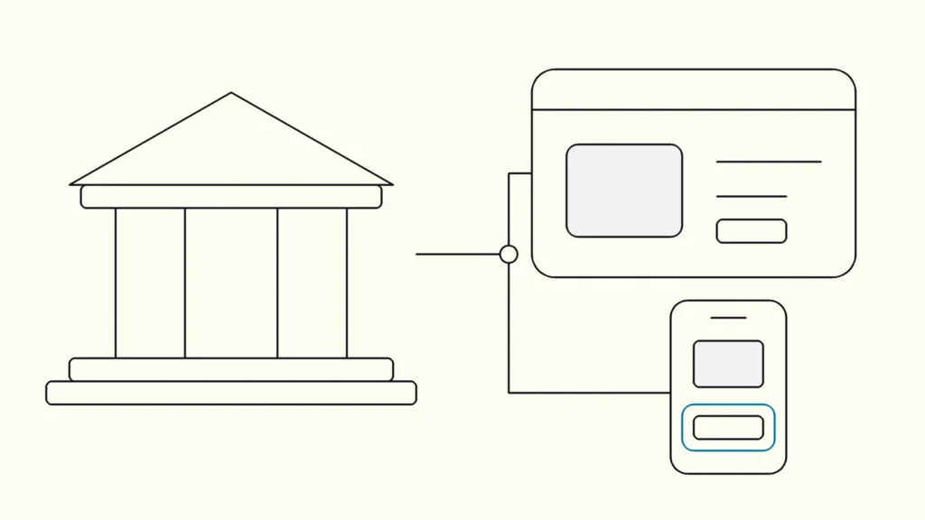 Public building with columns linked by thin lines to a browser window and a phone showing simple interface blocks