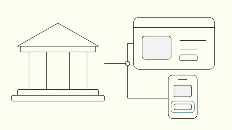 Public building with columns linked by thin lines to a browser window and a phone showing simple interface blocks