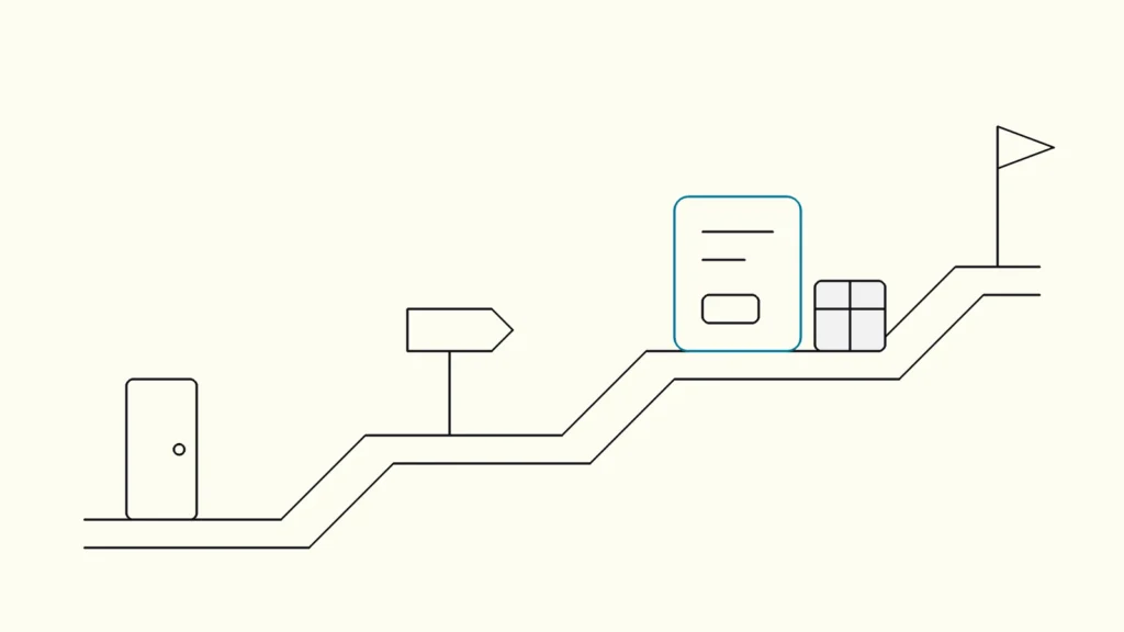 A path of steps from start to goal with one tablet screen on it, the screen outlined in blue