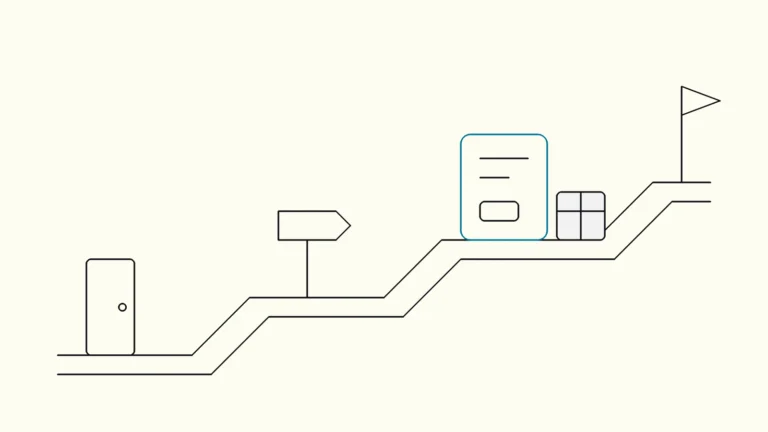 A path of steps from start to goal with one tablet screen on it, the screen outlined in blue