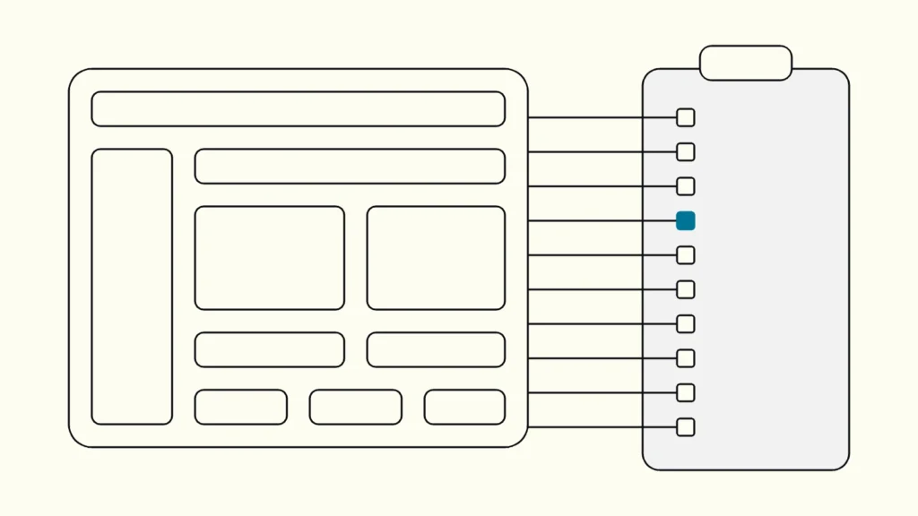 Interface screen split into ten small regions, each linked to a checkbox on a clipboard, one checkbox in blue