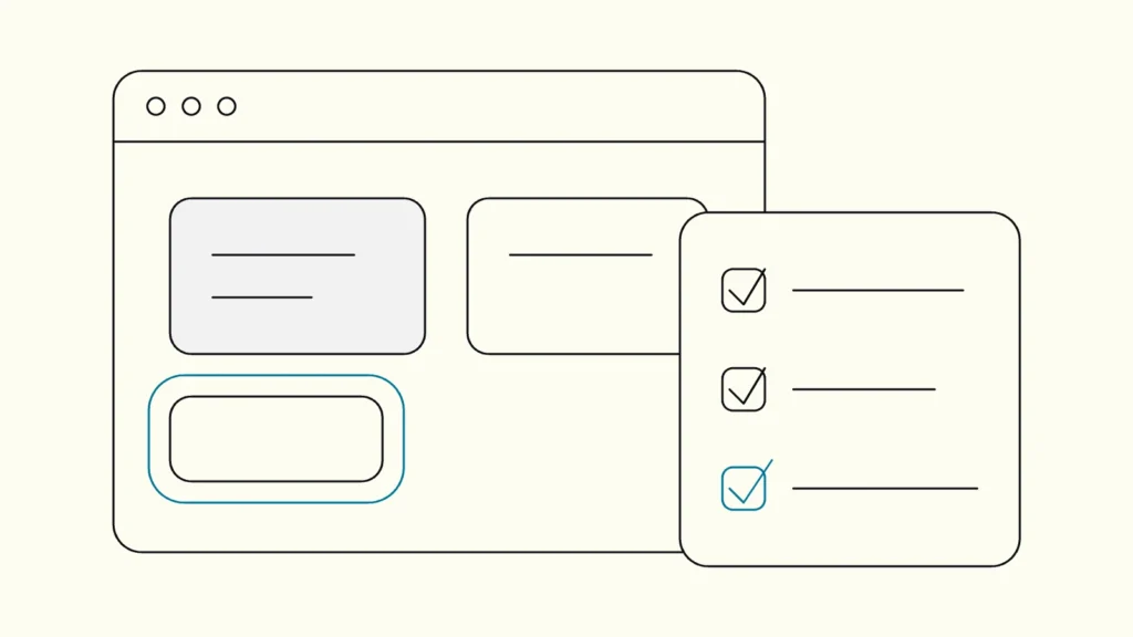 WCAG 2.2 accessibility testing: browser window with interface cards, a highlighted focus ring and a checklist