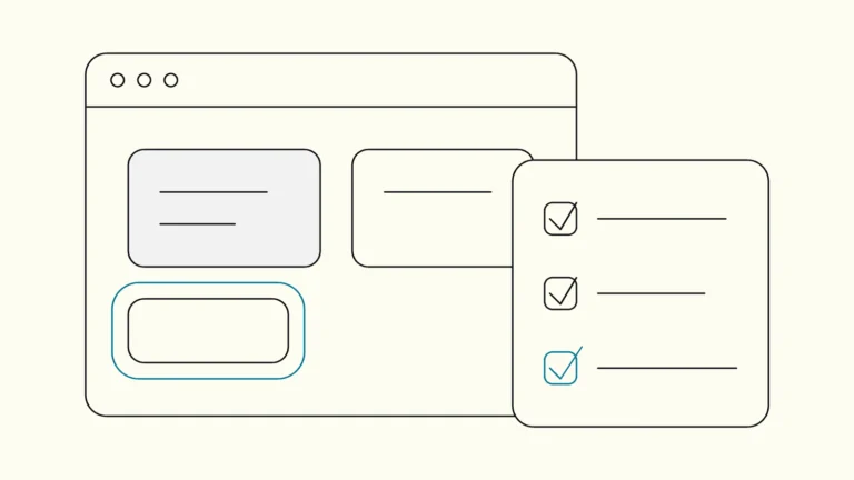 WCAG 2.2 accessibility testing: browser window with interface cards, a highlighted focus ring and a checklist