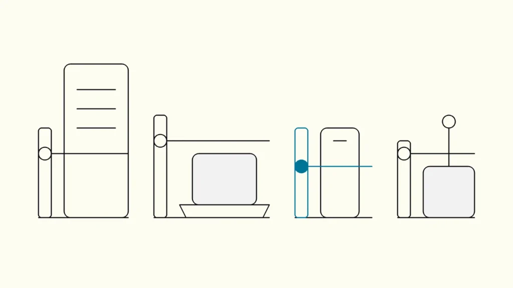 Line drawing of several small servers and devices, each with its own checkpoint gate, one gate highlighted in blue
